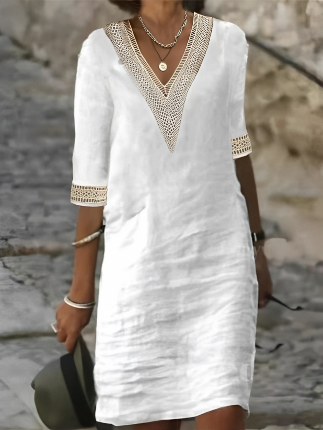 Sabrina | Chic V-Neck Crochet Detail White Summer Dress