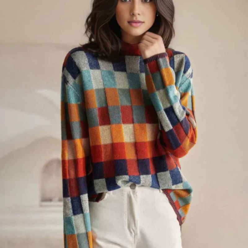Eloise | Chic Checkered Mock Neck Merino Wool Sweater