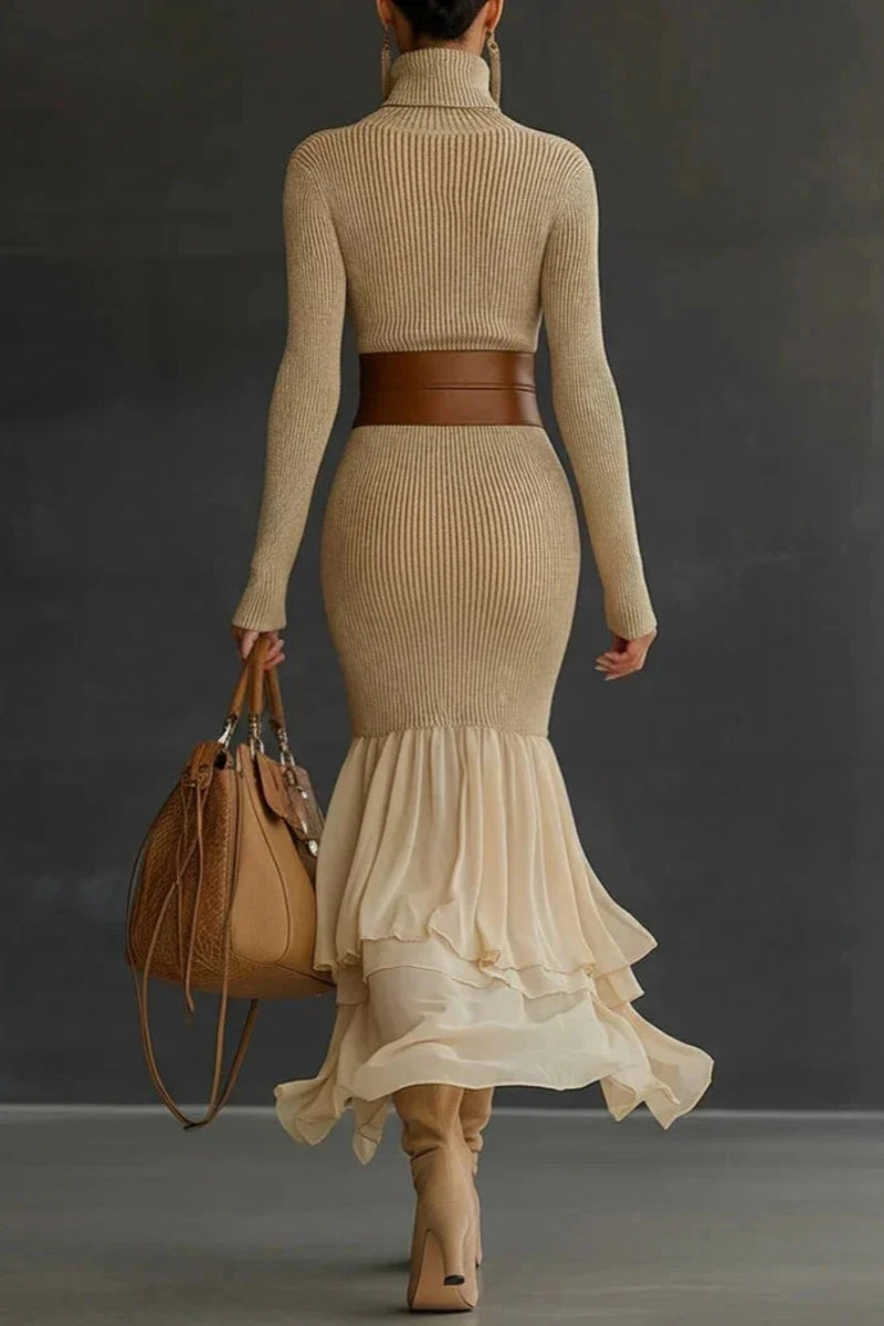 Magnolia | Elegant Turtleneck Ribbed Ruffle Maxi Dress