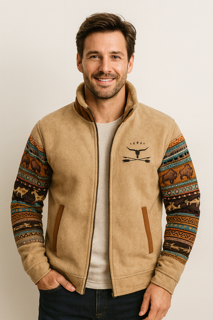 Jaxon | Stylish Southwestern Fleece Jacket With Native Print Sleeves