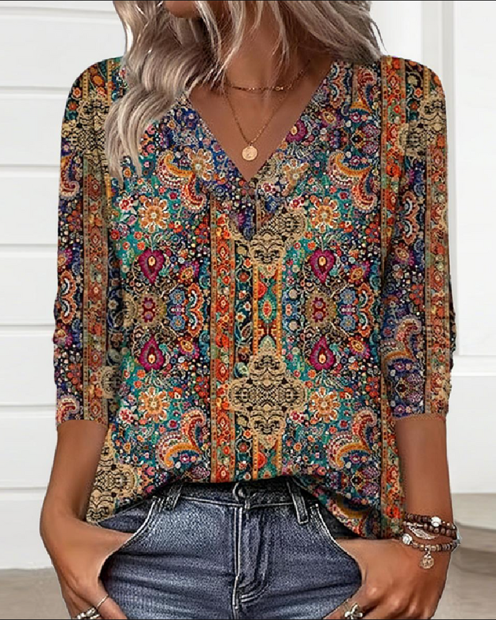 Genevieve | Bohemian V-Neck Paisley Print Blouse With 3/4 Sleeves