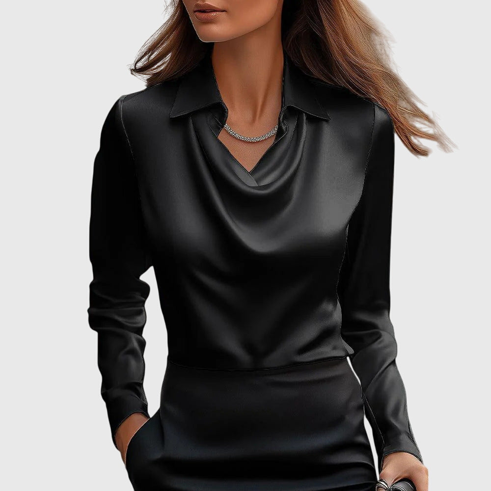 Hannah | Elegant Cowl Neck Satin Blouse With Long Sleeves