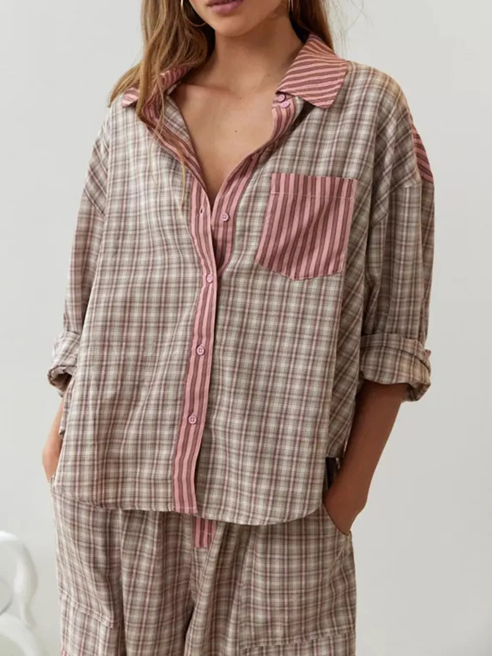 Penelope | Elegant Two-Piece Striped Cotton Pajama Set With Mixed Patterns