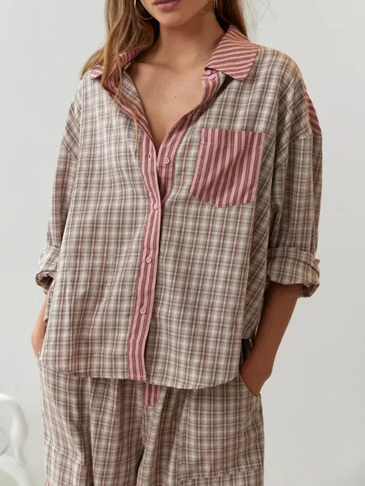 Penelope | Elegant Two-Piece Striped Cotton Pajama Set With Mixed Patterns
