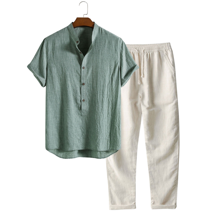 Reggie | Effortless Short Sleeve Linen Shirt Set With Drawstring Pants