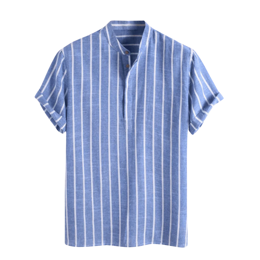 Mateo | Striped Short Sleeve Button Up Shirt With Mandarin Collar