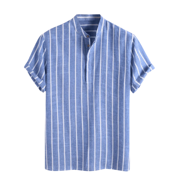 Mateo | Striped Short Sleeve Button Up Shirt With Mandarin Collar