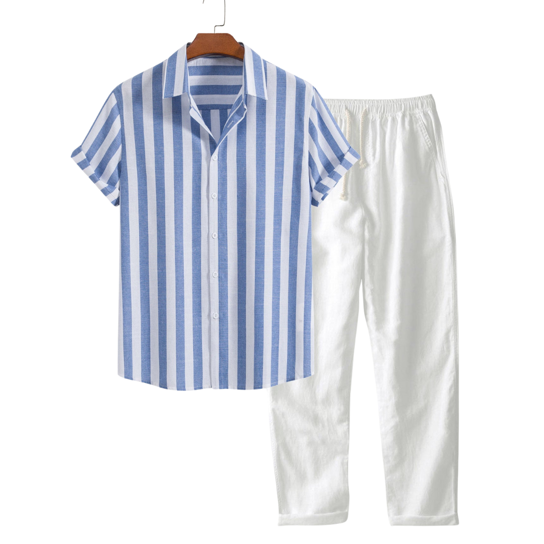 Santorini | Elegant Striped Short Sleeve Shirt & White Linen Pant Set