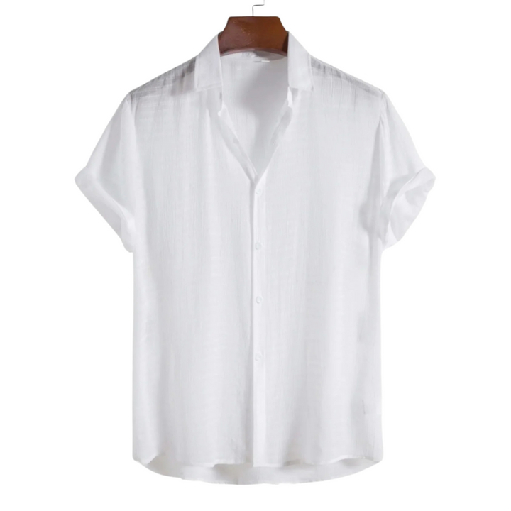 Caspian | Elegant White Linen Short Sleeve Button Up Shirt Men