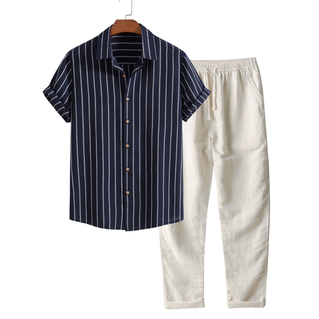 Raphael | Elegant Striped Short Sleeve Linen Set Men