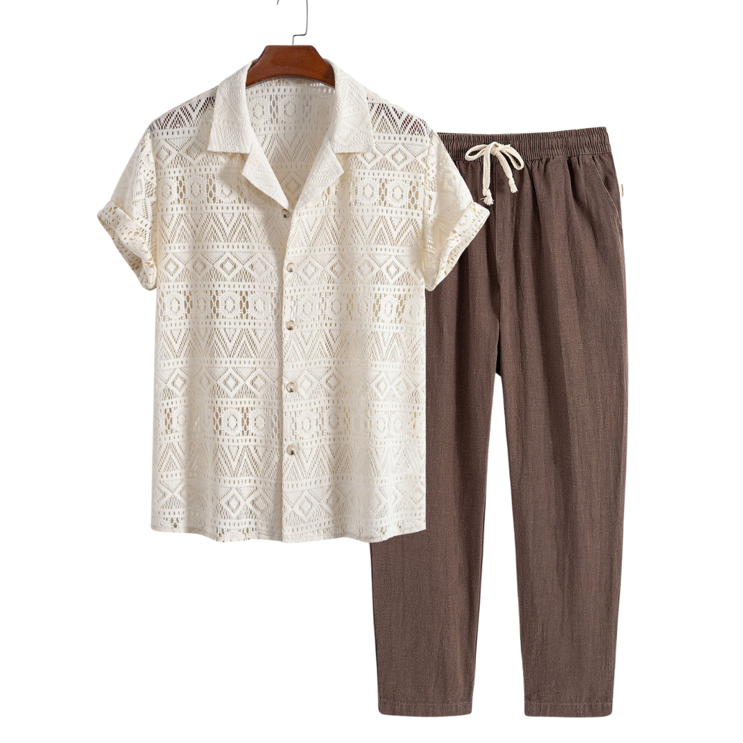 Royce | Elegant Crochet Lace Short Sleeve Two Piece Set Men
