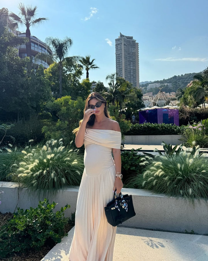 Stella | Elegant Off-Shoulder Pleated Maternity Maxi Gown