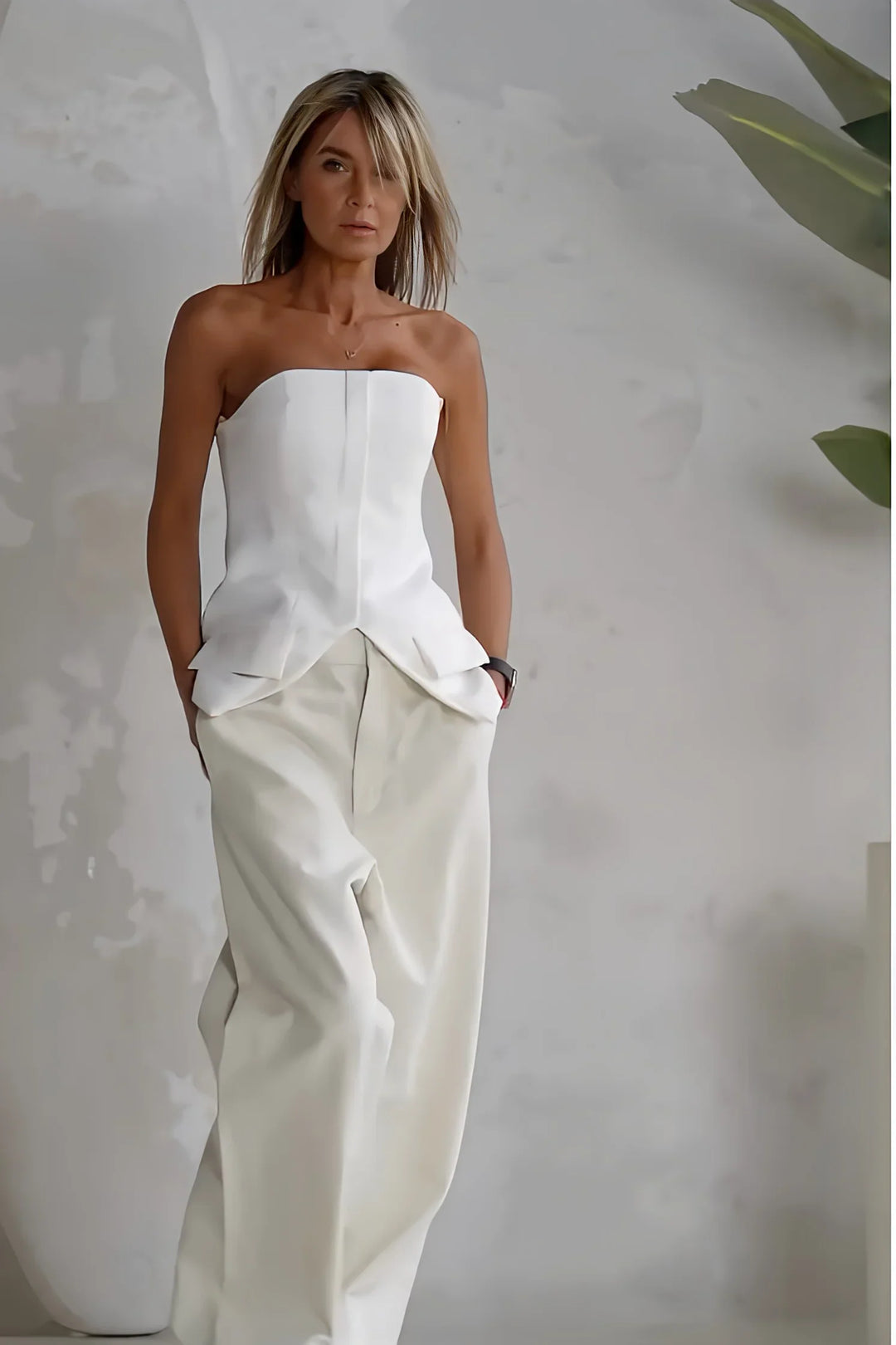 Petra | Elegant Strapless Corset Top Wide Leg Pants Two Piece Set