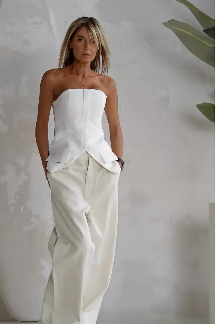 Petra | Elegant Strapless Corset Top Wide Leg Pants Two Piece Set