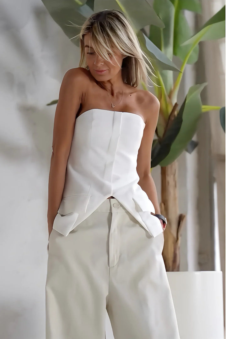 Petra | Elegant Strapless Corset Top Wide Leg Pants Two Piece Set