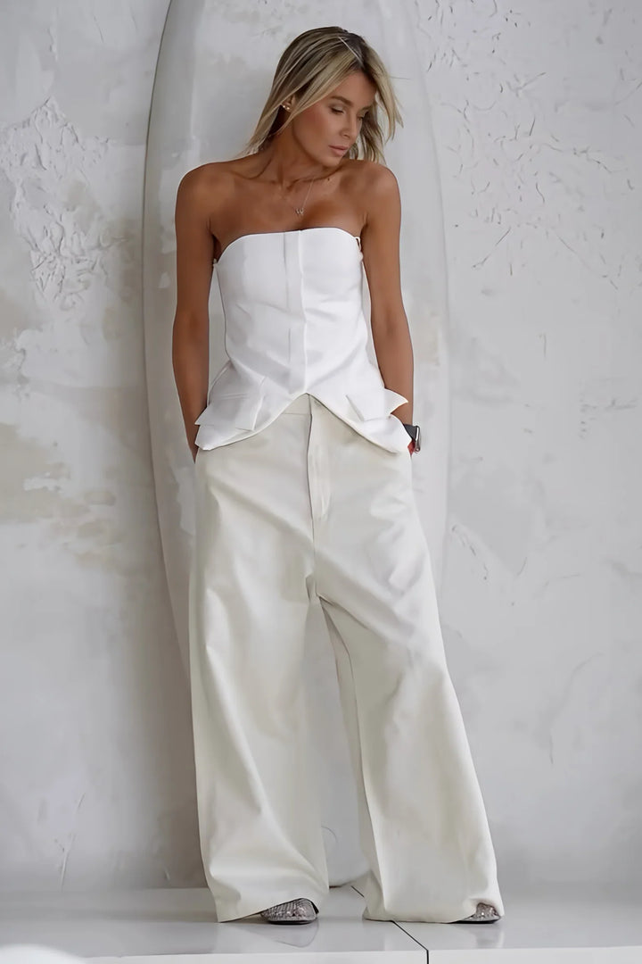 Petra | Elegant Strapless Corset Top Wide Leg Pants Two Piece Set