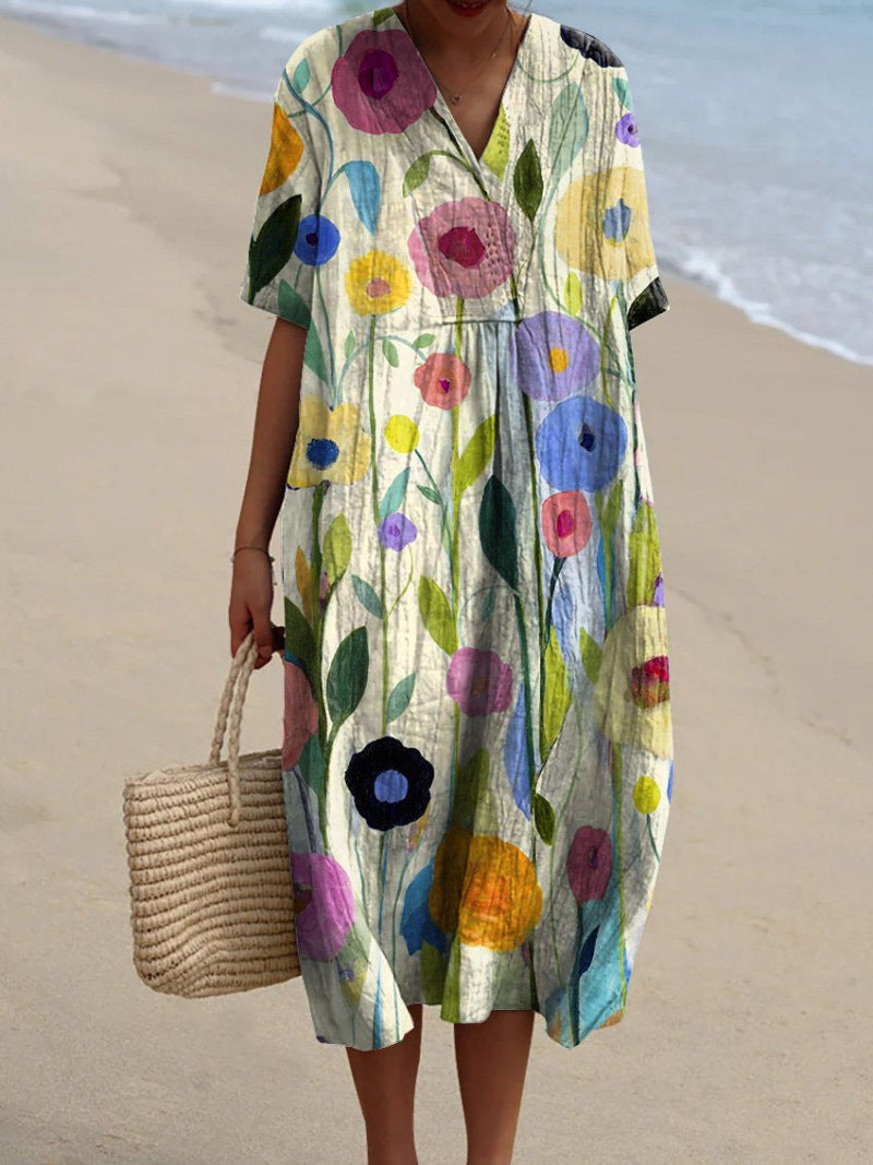 Maxine | Vibrant Floral V-Neck Midi Dress With Flutter Sleeves