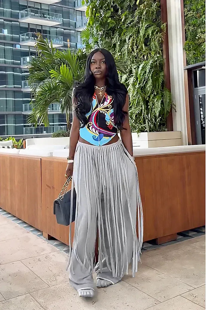 Whitney | Chic Grey Wide Leg Fringe Pants Women - Loose Fit