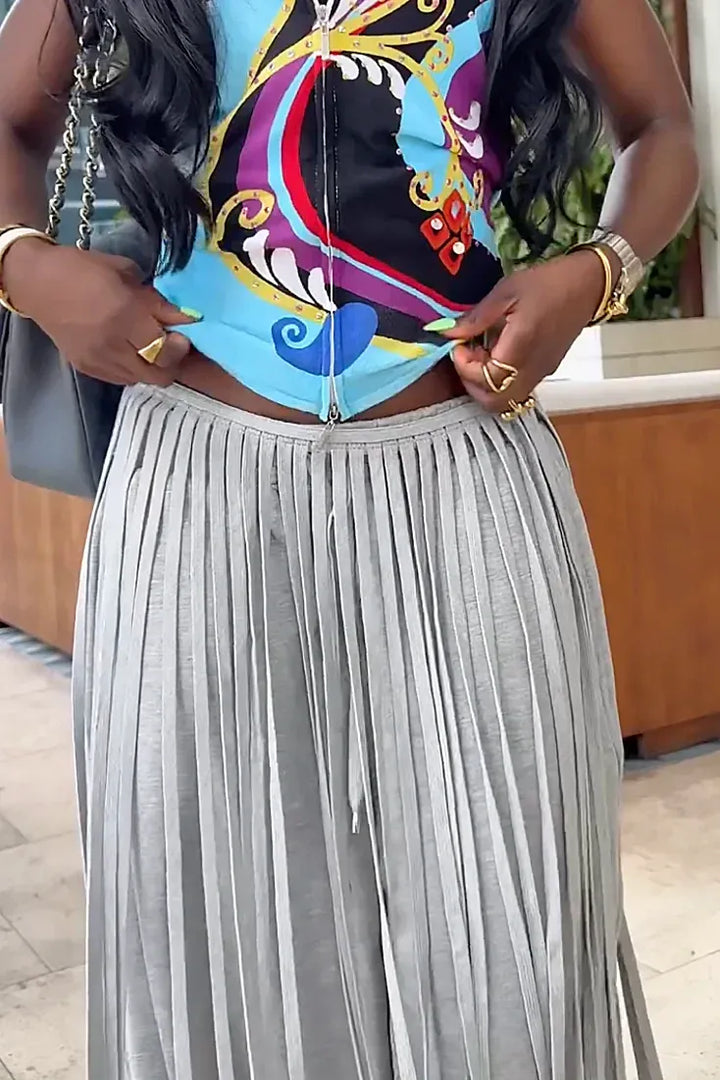 Whitney | Chic Grey Wide Leg Fringe Pants Women - Loose Fit
