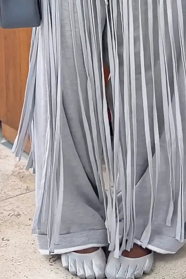 Whitney | Chic Grey Wide Leg Fringe Pants Women - Loose Fit