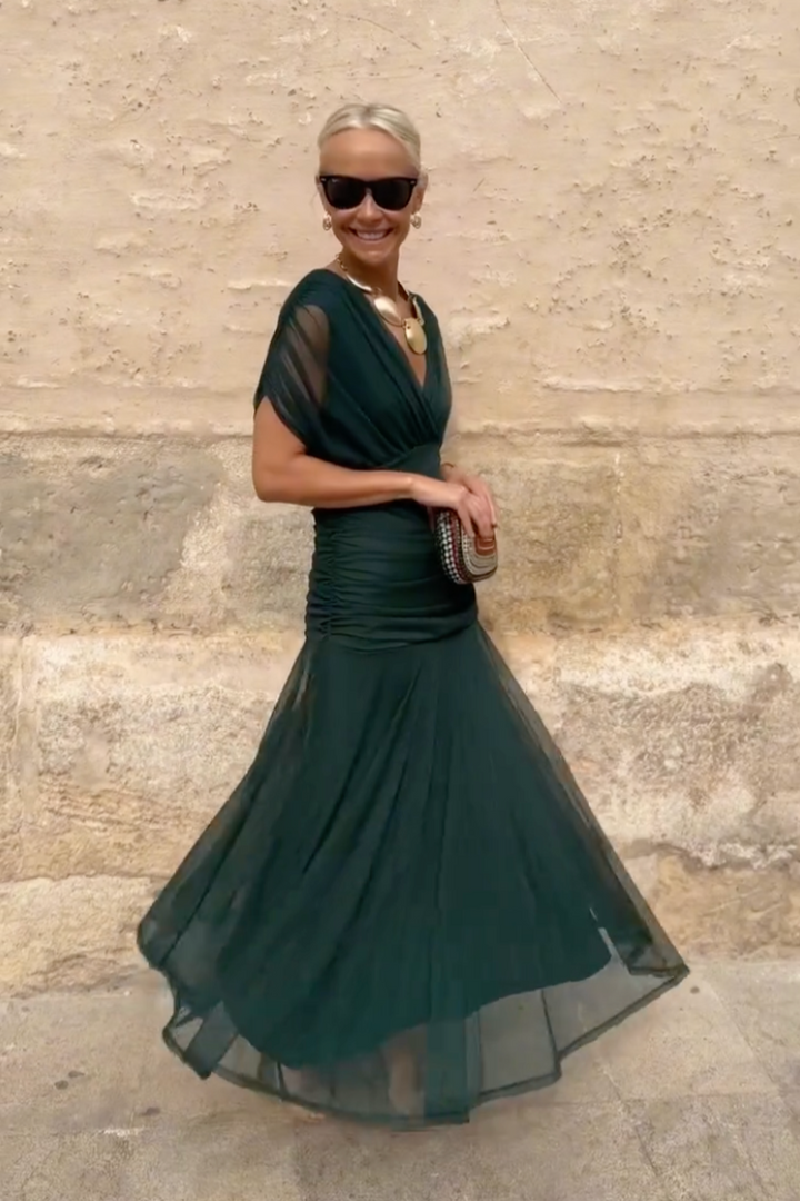 Sybil | Elegant V-Neck Pleated Maxi Dress With Flutter Sleeves