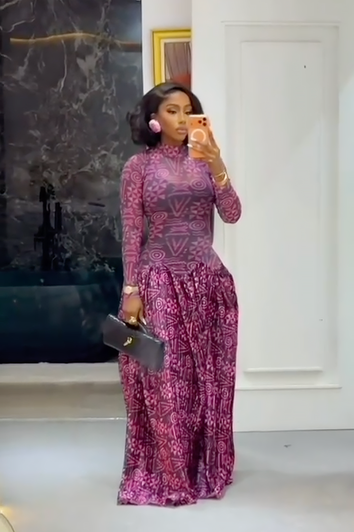 Georgette | Elegant High Neck Geometric Print Maxi Dress