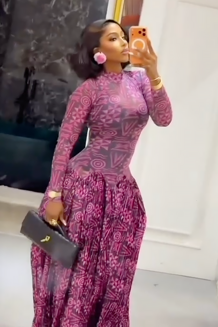 Georgette | Elegant High Neck Geometric Print Maxi Dress