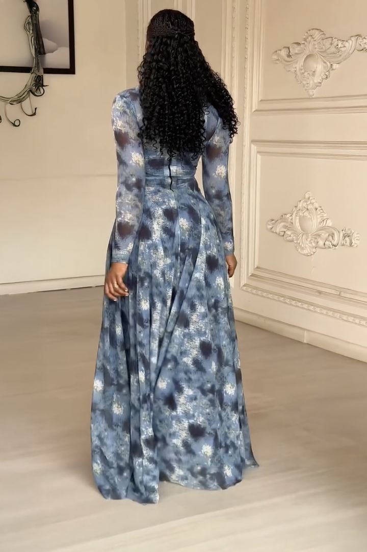 Sabine | Elegant High Neck Long Sleeve Tie Dye Maxi Dress