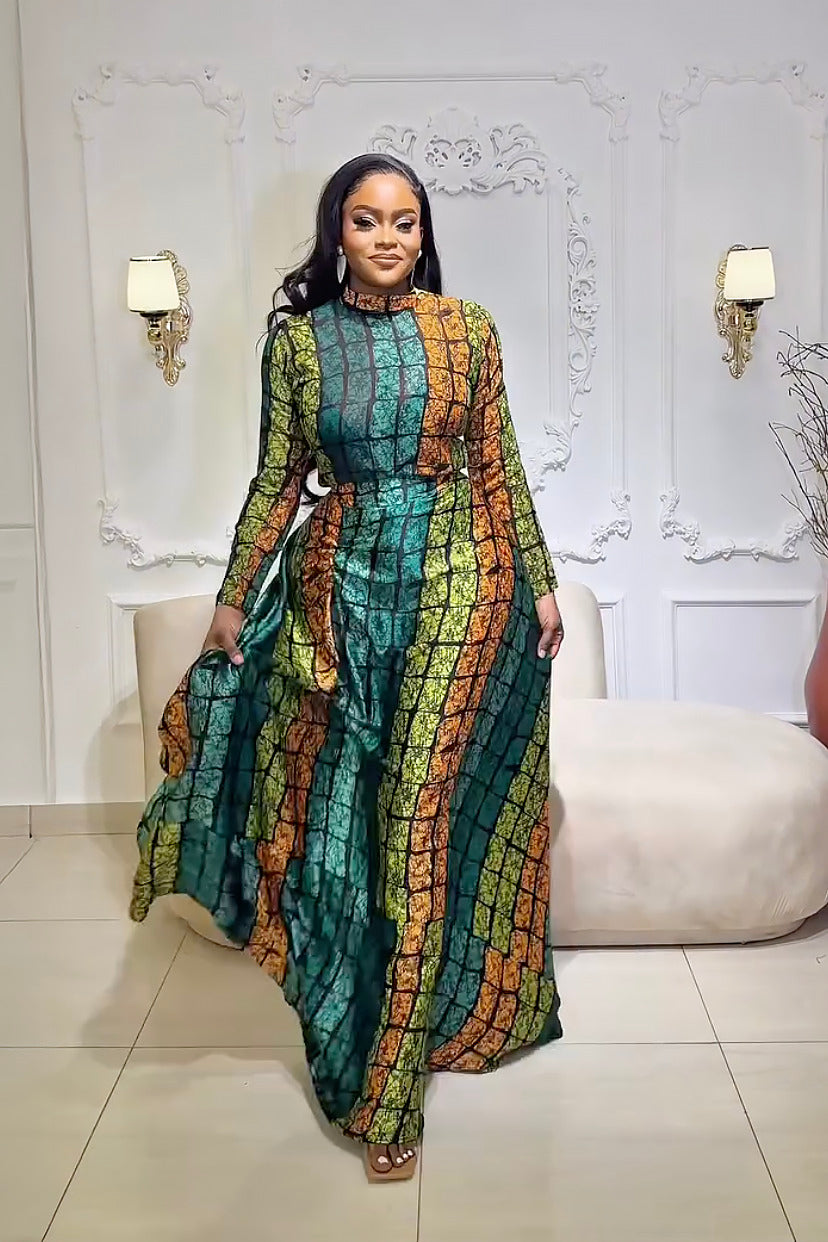 Belinda | Elegant Long Sleeve Kente Maxi Dress Set