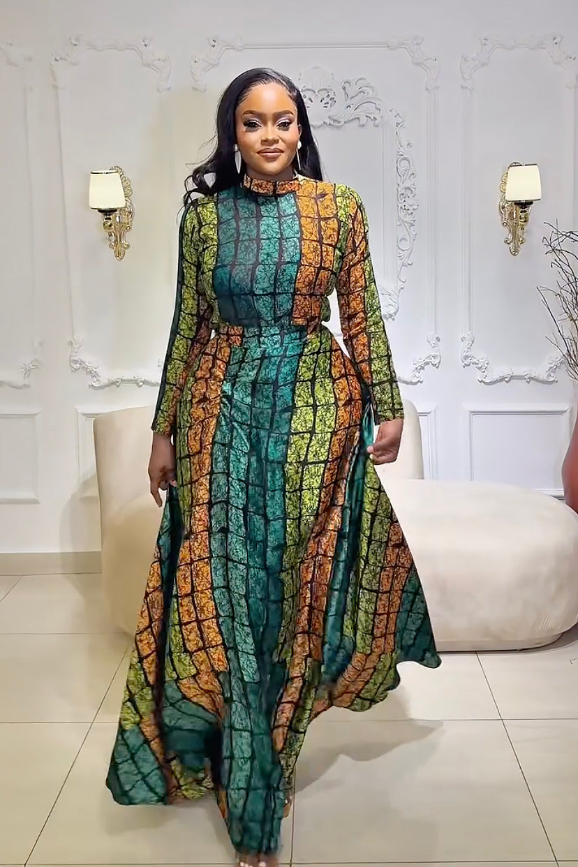 Belinda | Elegant Long Sleeve Kente Maxi Dress Set
