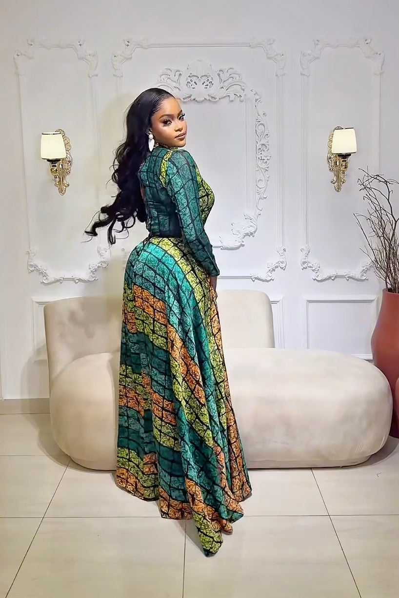 Belinda | Elegant Long Sleeve Kente Maxi Dress Set