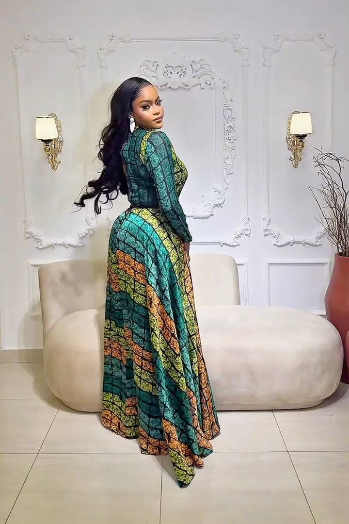Belinda | Elegant Long Sleeve Kente Maxi Dress Set