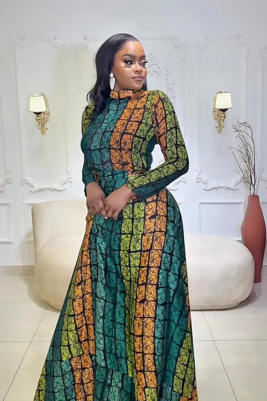Belinda | Elegant Long Sleeve Kente Maxi Dress Set