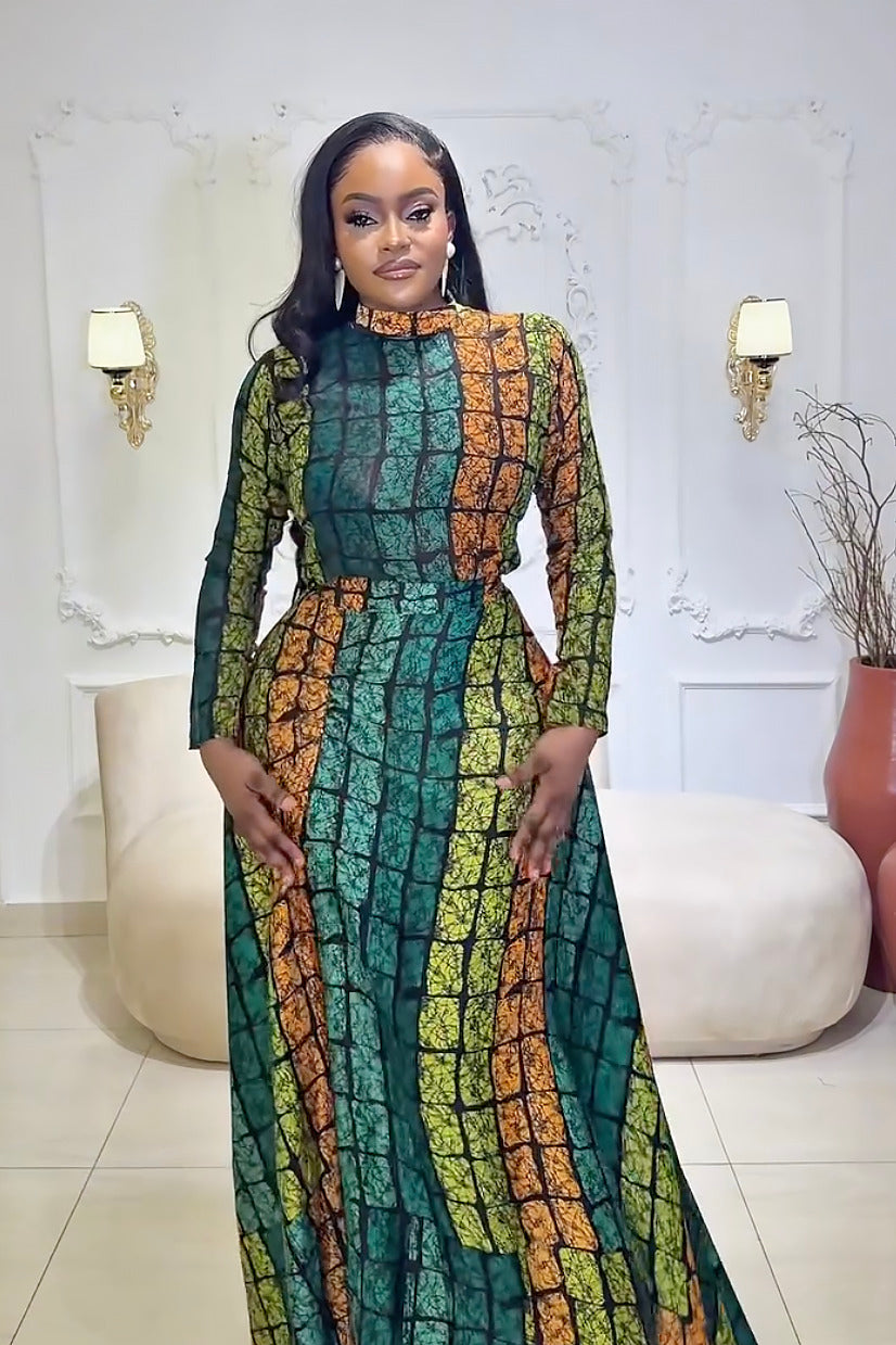Belinda | Elegant Long Sleeve Kente Maxi Dress Set