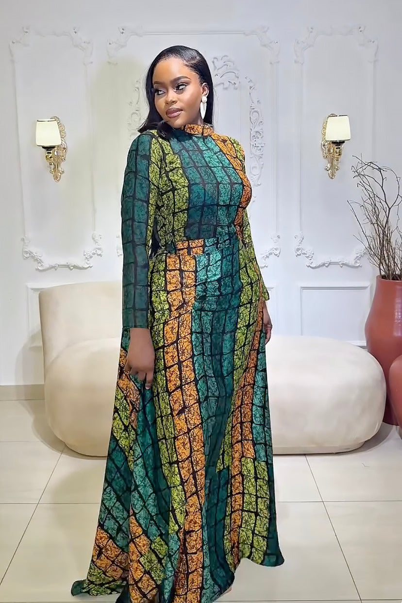 Belinda | Elegant Long Sleeve Kente Maxi Dress Set