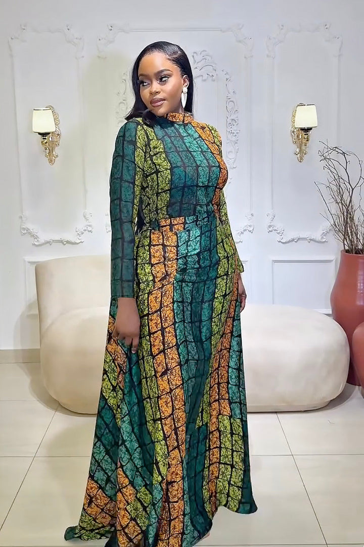 Belinda | Elegant Long Sleeve Kente Maxi Dress Set