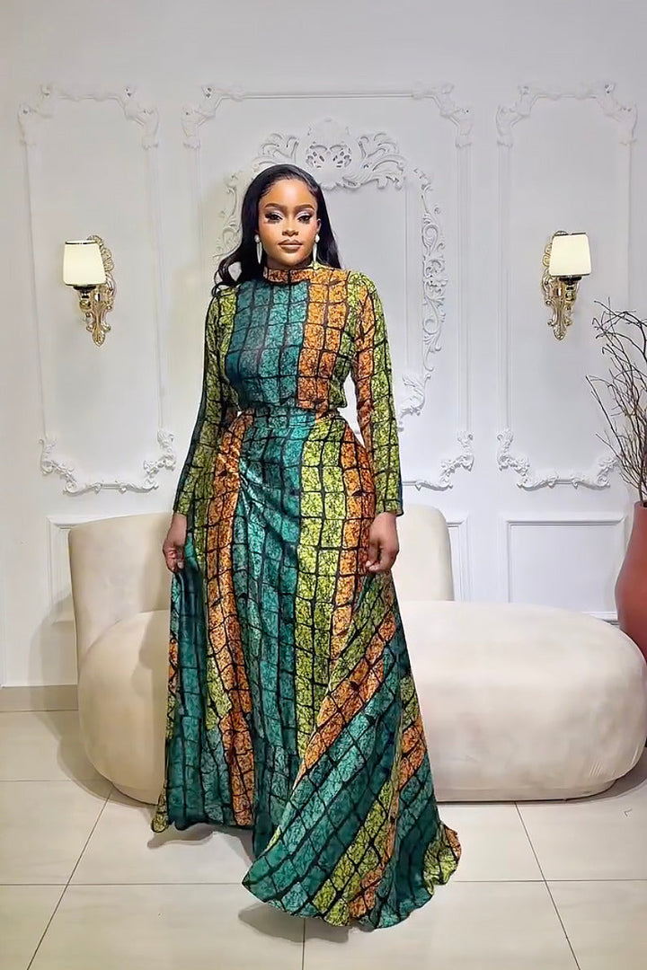 Belinda | Elegant Long Sleeve Kente Maxi Dress Set