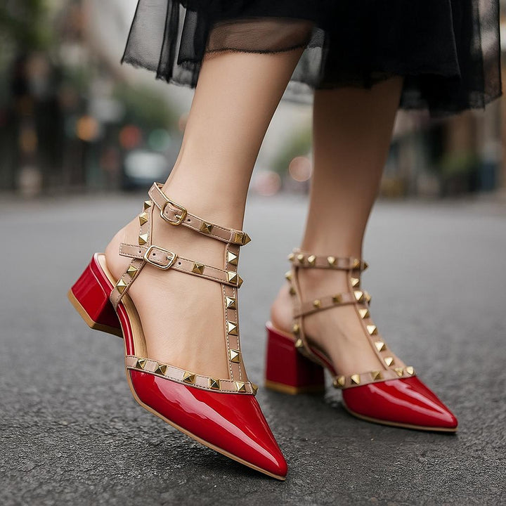 Yela | Chic Red Patent Leather Studded Block Heels With Ankle Straps