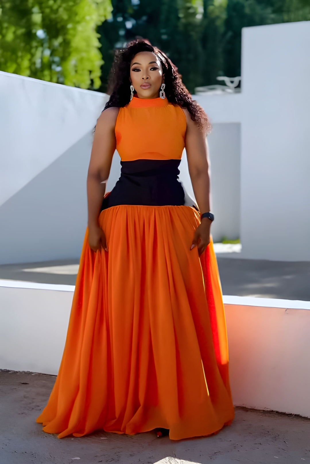 Cordelia | Sleeveless Orange Color Block Maxi Dress