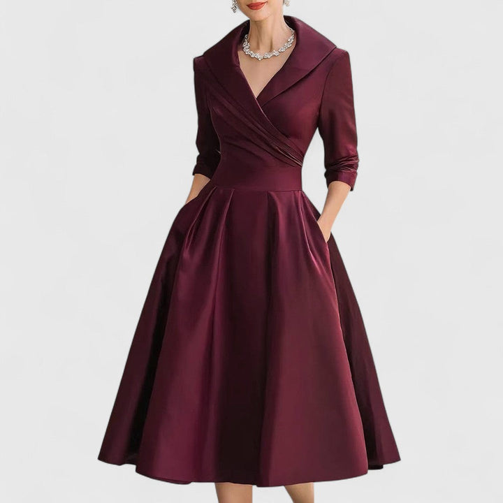Leona | Elegant V-Neck Wrap Midi Dress With 3/4 Sleeves