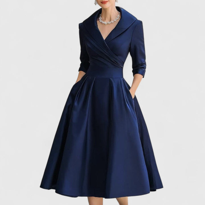 Leona | Elegant V-Neck Wrap Midi Dress With 3/4 Sleeves