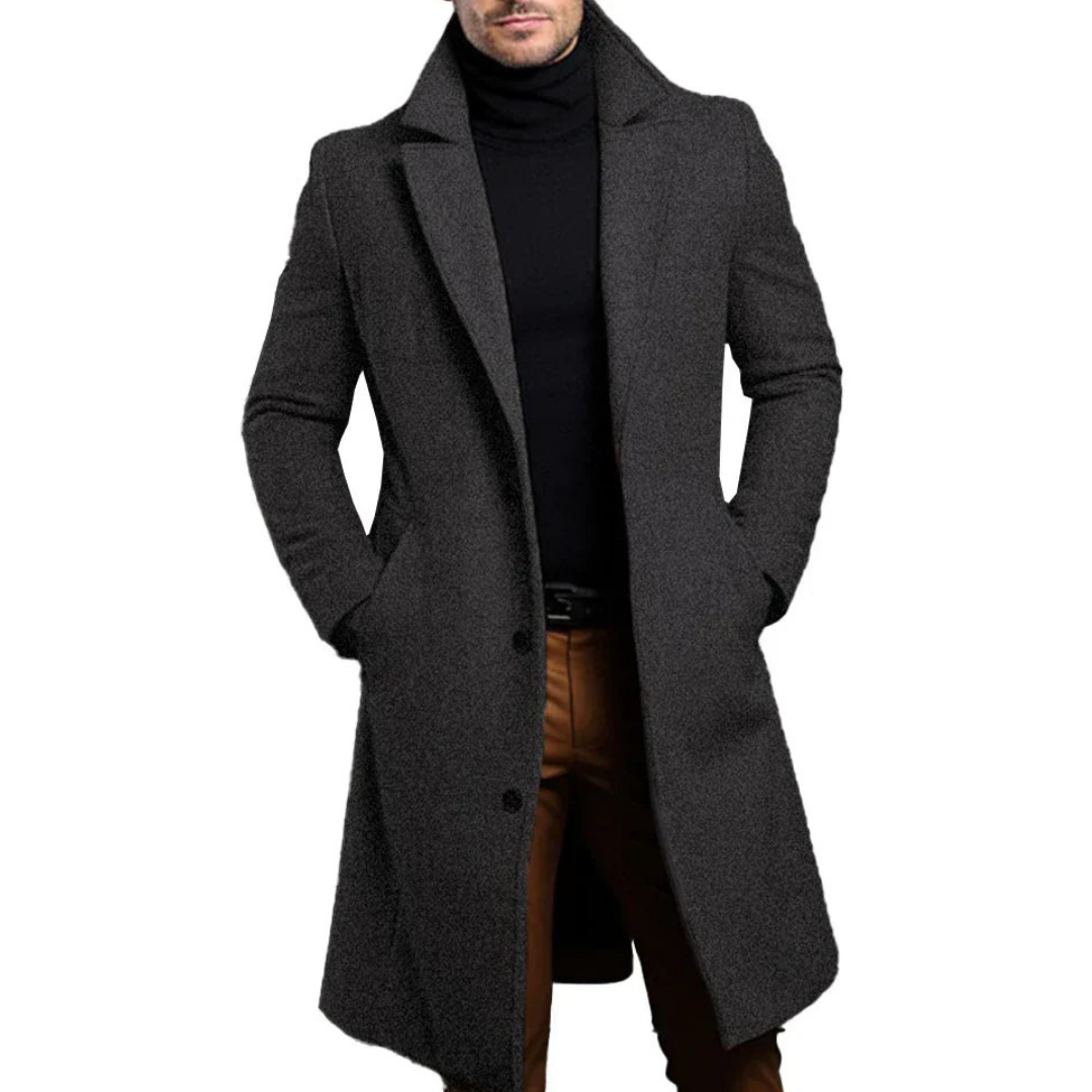 Maximus | Elegant Men's Long Black Wool Overcoat With Lapels
