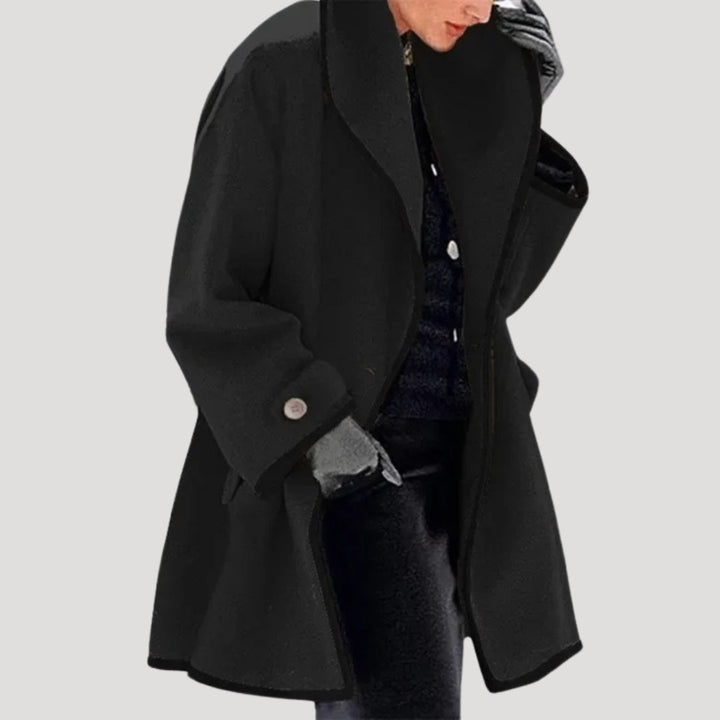 Quinn | Elegant Open Front Wool Blend Cape Coat With Contrast Trim