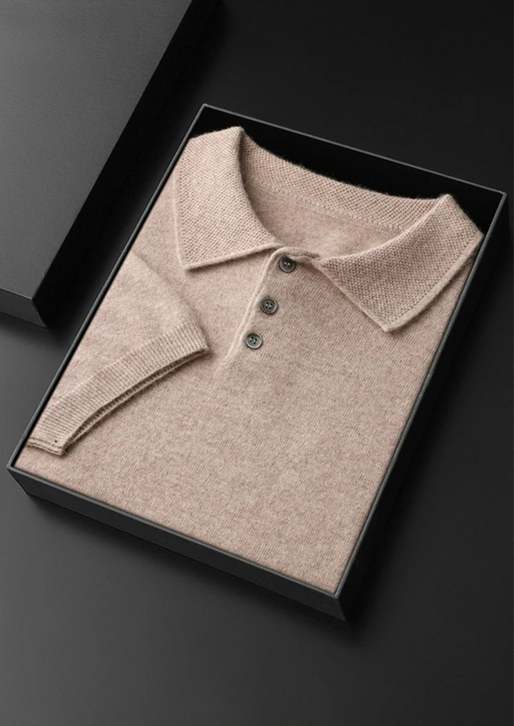 Cashmere Short Sleeve Polo Shirt Men - Light Blue Knit