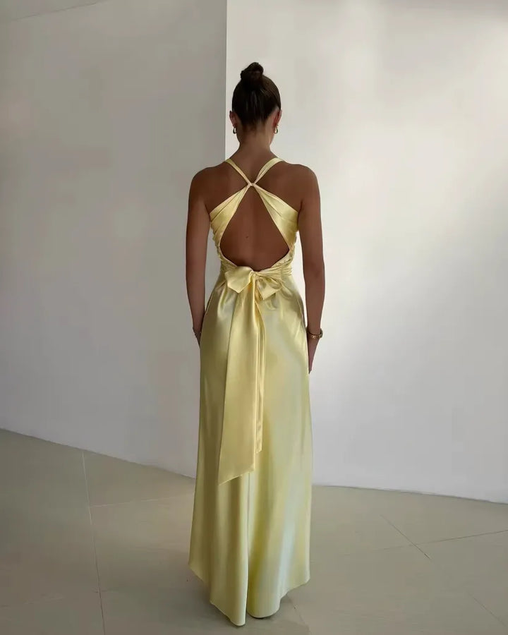 Aria | Elegant V-Neck Backless Satin Maxi Gown