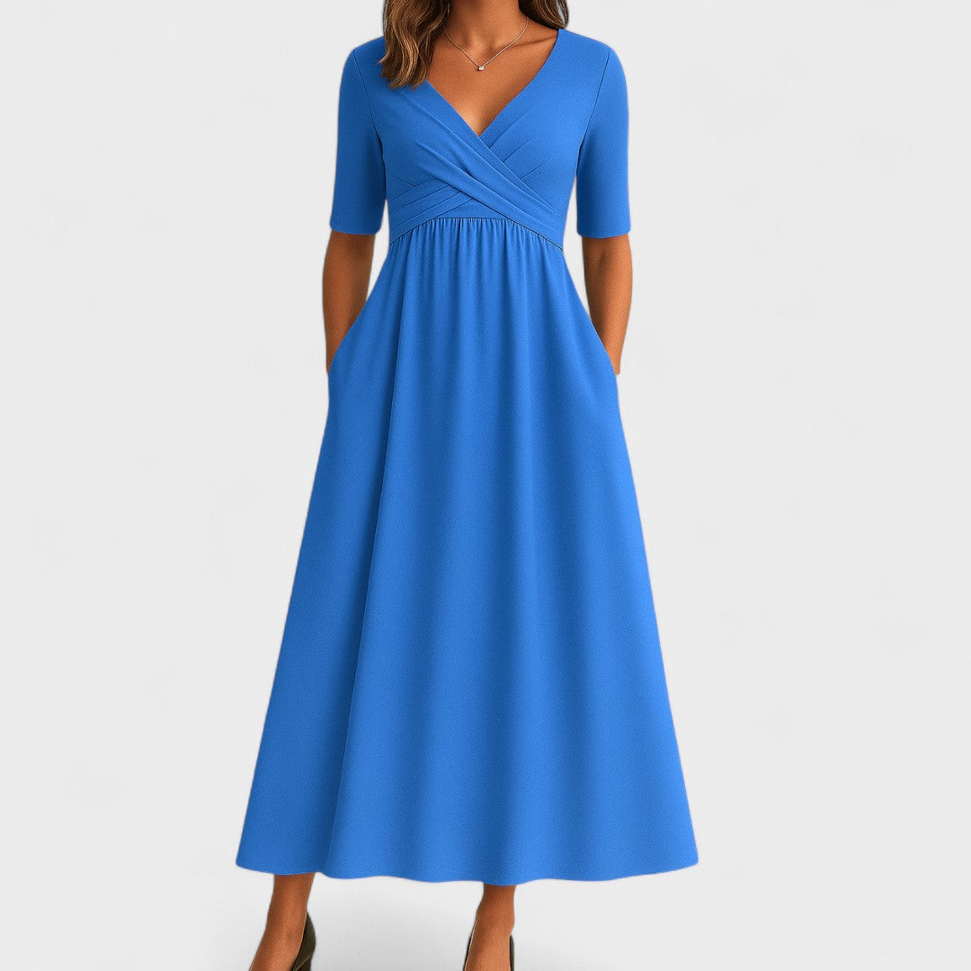 Brianna | Elegant V-Neck Wrap Midi Dress With Pockets