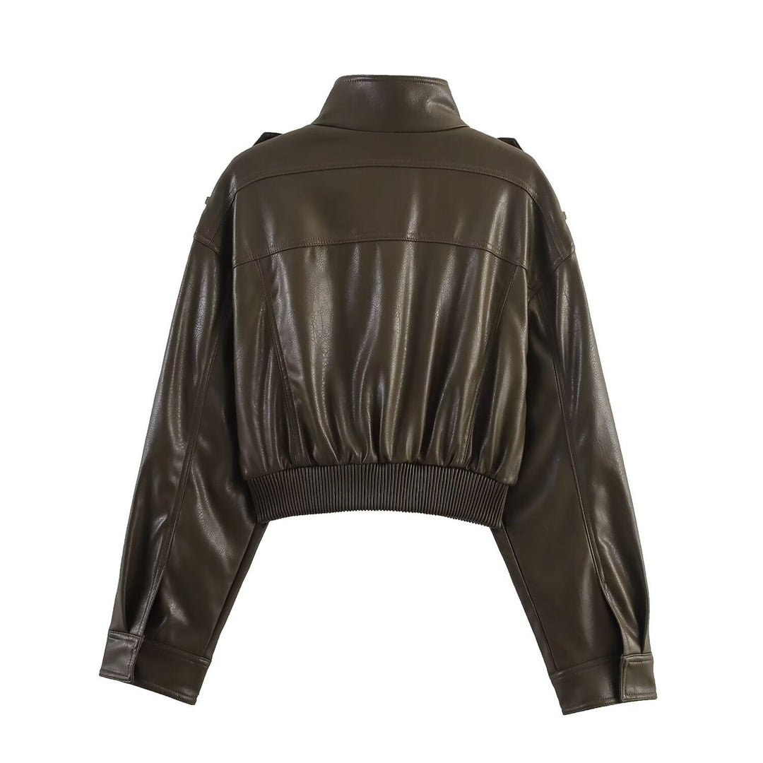 Cordelia | Chic Cropped Faux Leather Bomber Jacket With Ribbed Cuffs