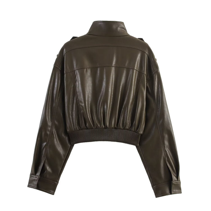 Cordelia | Chic Cropped Faux Leather Bomber Jacket With Ribbed Cuffs