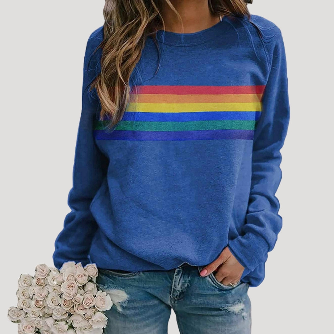 Larisa | Chic Rainbow Stripe Crew Neck Long Sleeve Sweatshirt