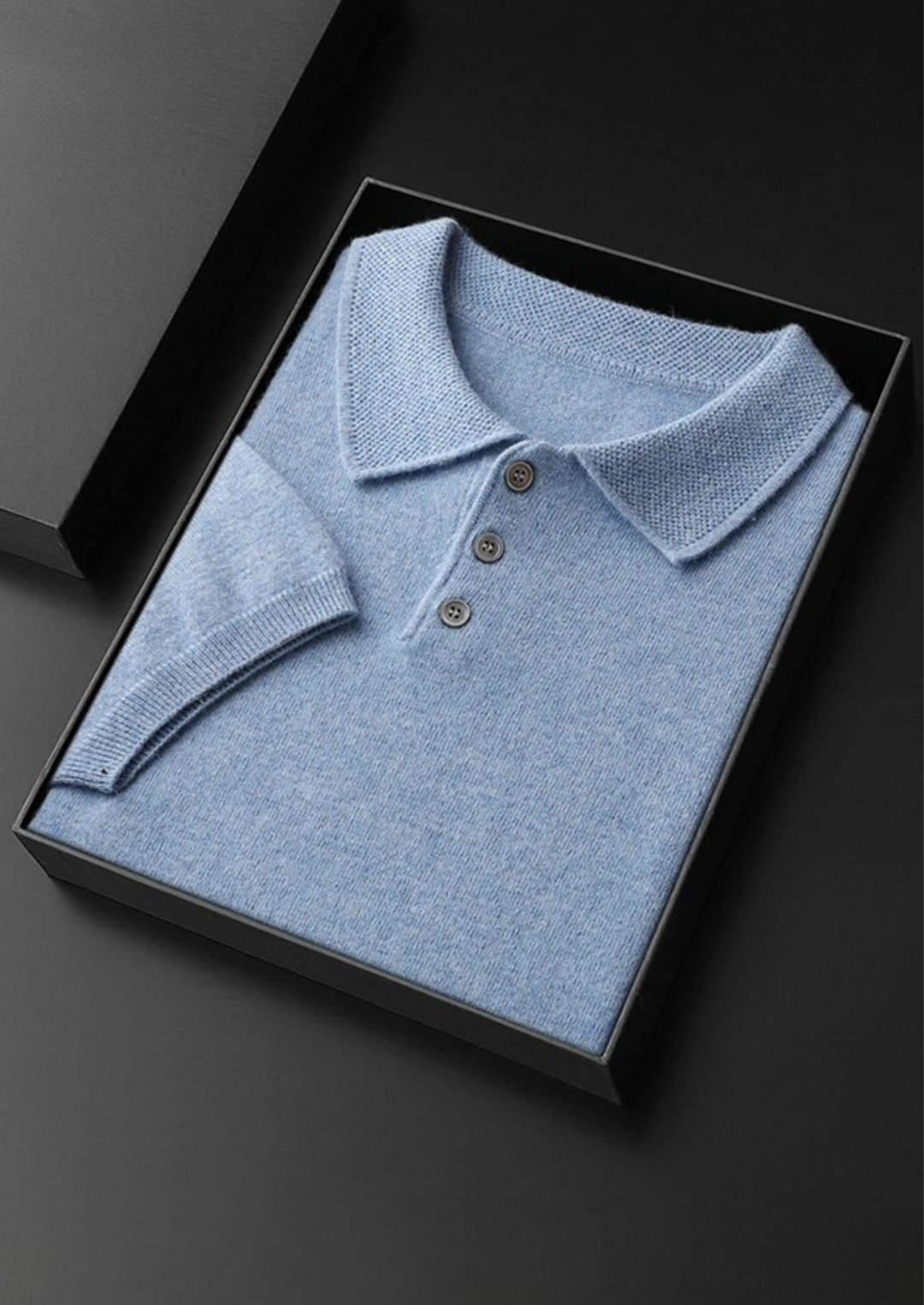 Cashmere Short Sleeve Polo Shirt Men - Light Blue Knit